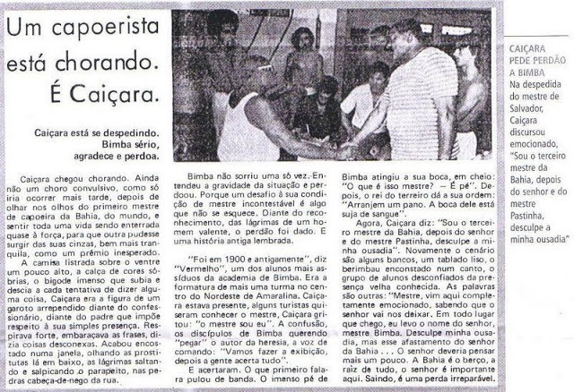 Matéria de jornal - Mestre Caiçara pede desculpas ao Mestre Bimba