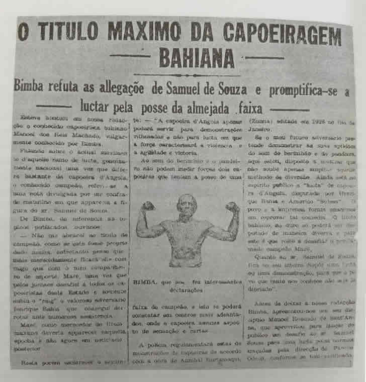 Matéria de Jornal Diário da Bahia 1936 - Mestre Bimba refutando alegações de Samuel de Souza - Livro Bimba é Bama - Frede Abreu