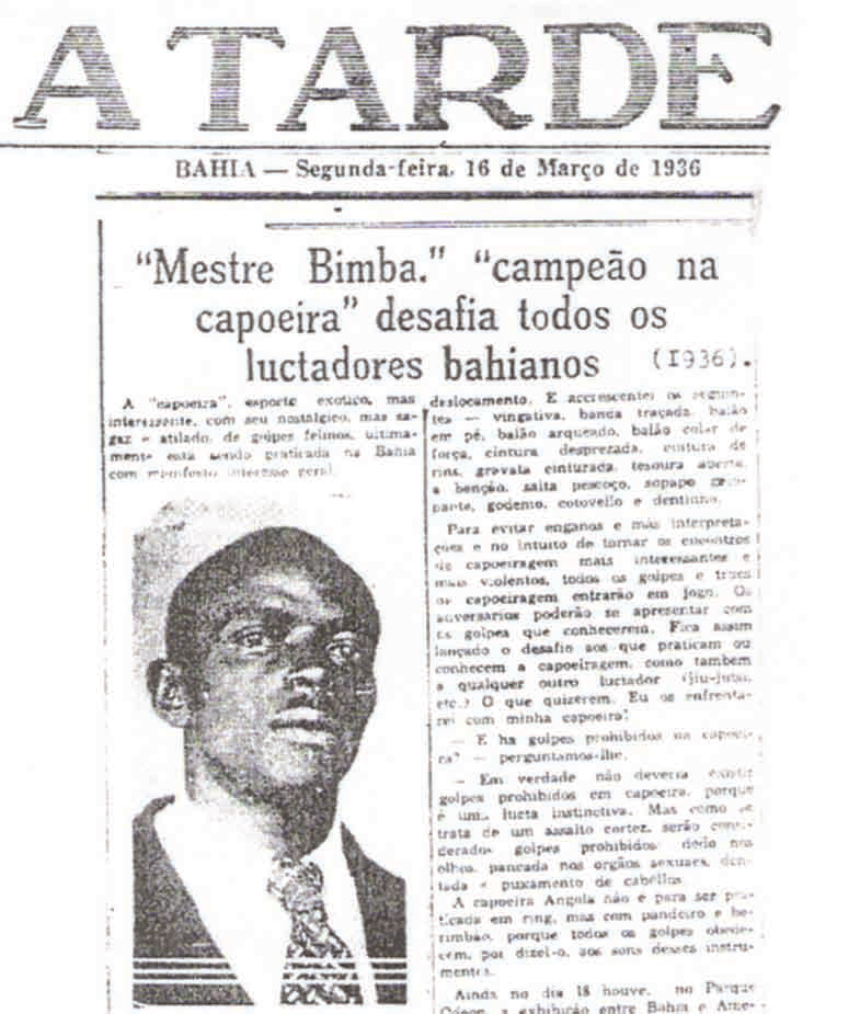 Materia Jornal A Tarde 1936 - Mestre Bimba desafia lutadores